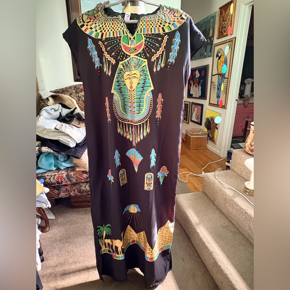 Vintage Sherry Egyptian Pharaoh Maxi Caftan Dress – Black Multicolor – One Size